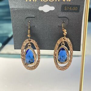 Massini Gold Tone and Blue Oval Dangle/Drop Earrings